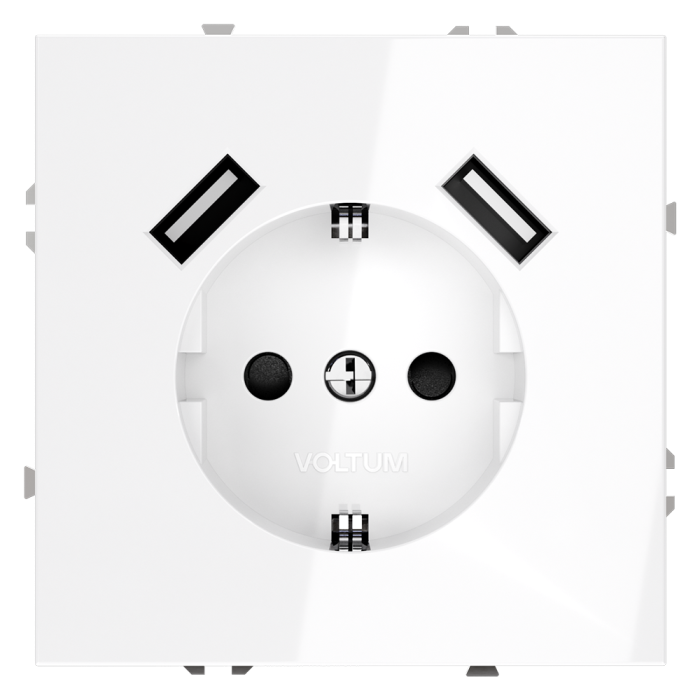 Розетка встраиваемая VOLTUM S70 с заземлением и защитными шторками, 16А, с USB, A+A, (белый глянцевы