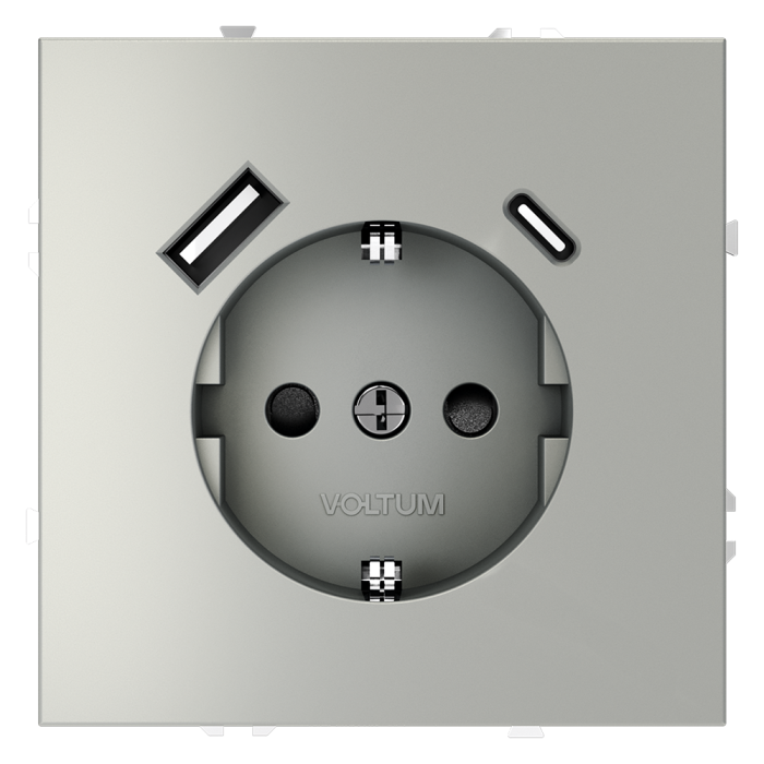 Розетка встраиваемая VOLTUM S70 с заземлением и защитными шторками, 16А, с USB, A+С, (сталь)