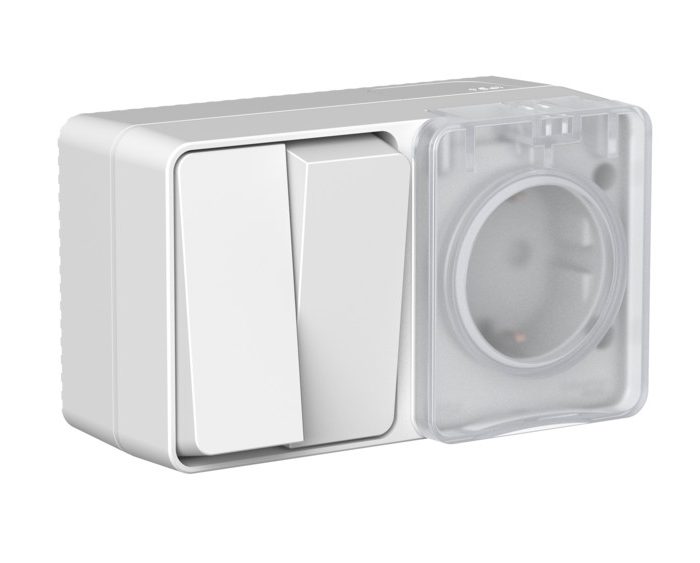 AtlasDesign profi IP54 о/у блок: розетка с заземл. со шт., 16а, выключатель 2-клав., 10ах, серый
