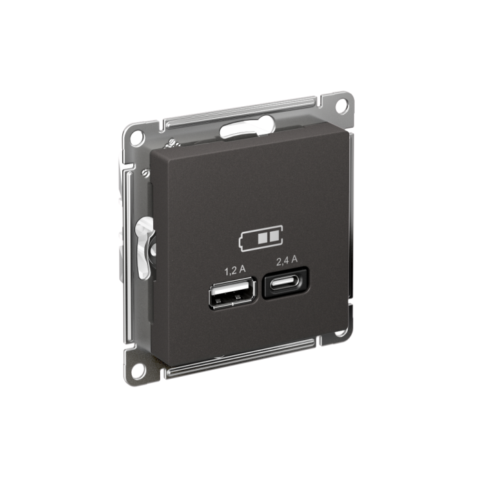 AtlasDesign USB розетка а+с, 5в/2,4а, 2х5в/1,2а, механизм, базальт