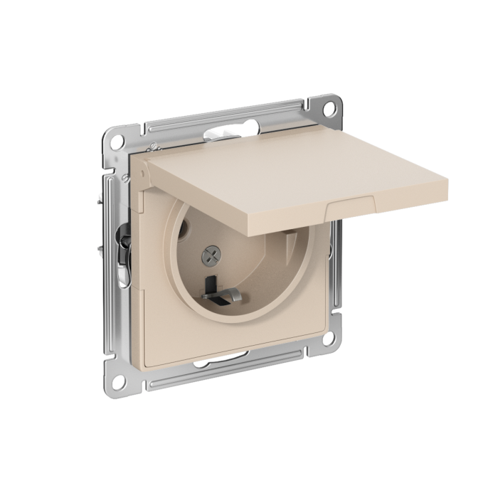 AtlasDesign розетка с заземлением со шторками с крышкой, 16А, IP20, механизм, песочный
