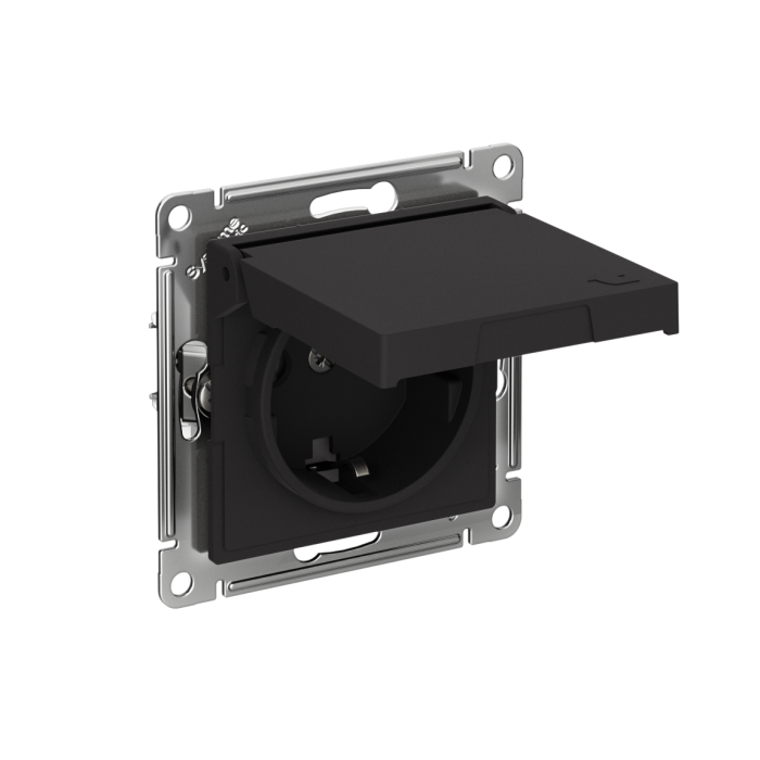 AtlasDesign розетка с заземлением со шторками с крышкой,16А,IP20, мех.,быстрозажим. клем., карбон