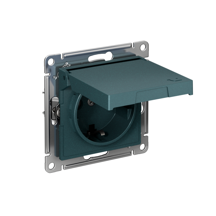 AtlasDesign розетка с заземлением со шторками с крышкой,16А,IP20, мех.,быстрозажим. клем., изумруд