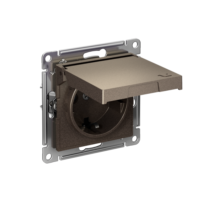 AtlasDesign розетка с заземлением со шторками с крышкой,16А,IP20, мех.,быстрозажим. клем., мокко
