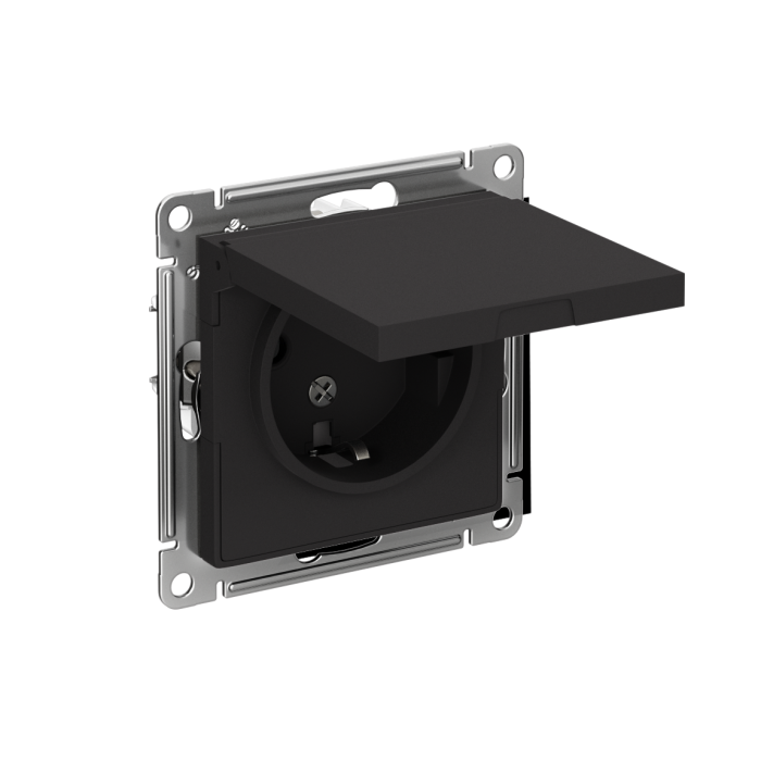 AtlasDesign розетка с заземлением со шторками с крышкой, 16А, IP20, механизм, карбон