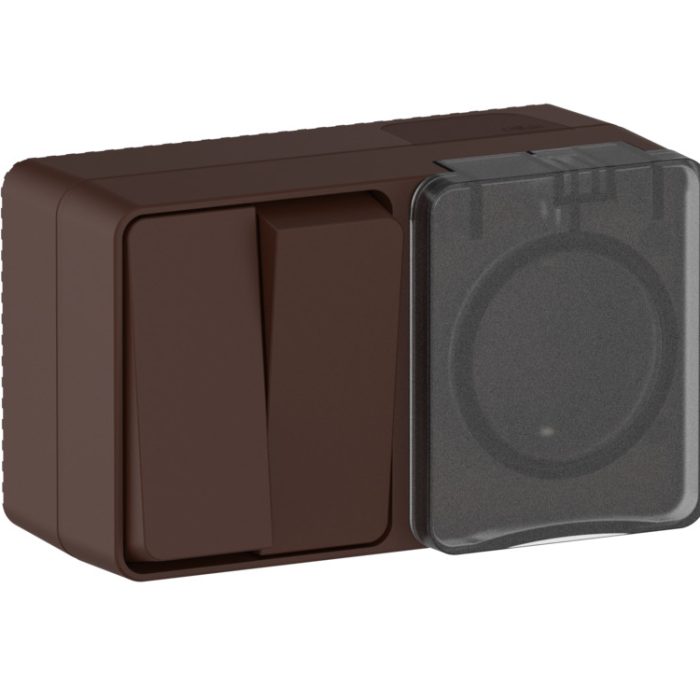 AtlasDesign profi IP54 о/у блок: розетка с заземл. со шт., 16а, выключатель 2-клав., 10ах, коричневый