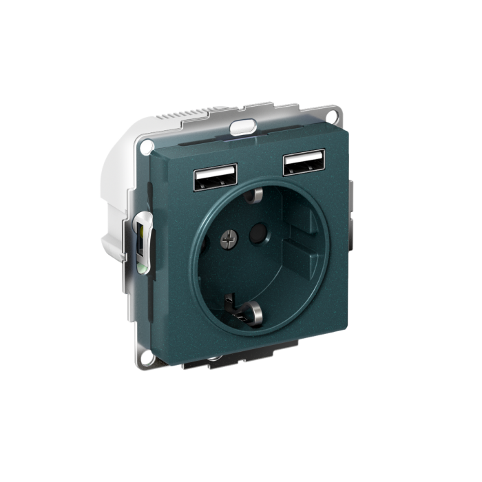 AtlasDesign розетка 16а c 2 USB a+a, 5в/2,4а, 2х5в/1,2а, механизм, изумруд