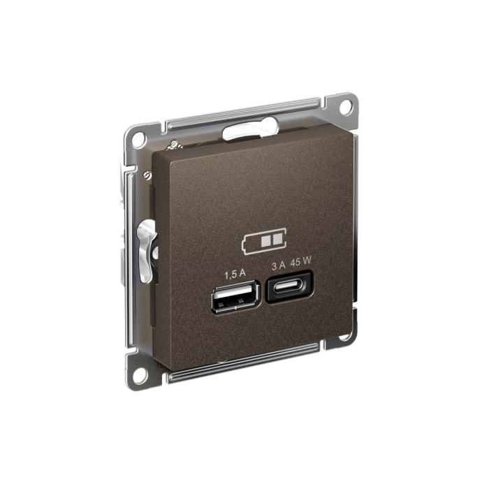 AtlasDesign USB розетка A + тип-C 45Вт высокоскор.заряд. QC, PD, механизм, мокко