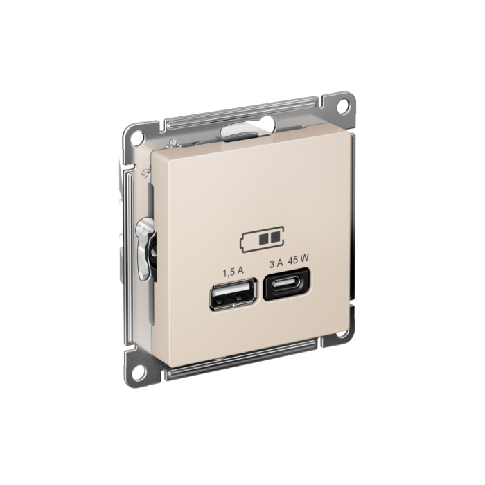 AtlasDesign USB розетка A + тип-C 45Вт высокоскор.заряд. QC, PD, механизм, бежевый