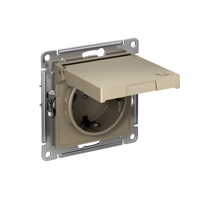 AtlasDesign розетка с заземлением со шторками с крышкой,16А,IP20, мех.,быстрозажим. клем., шампань