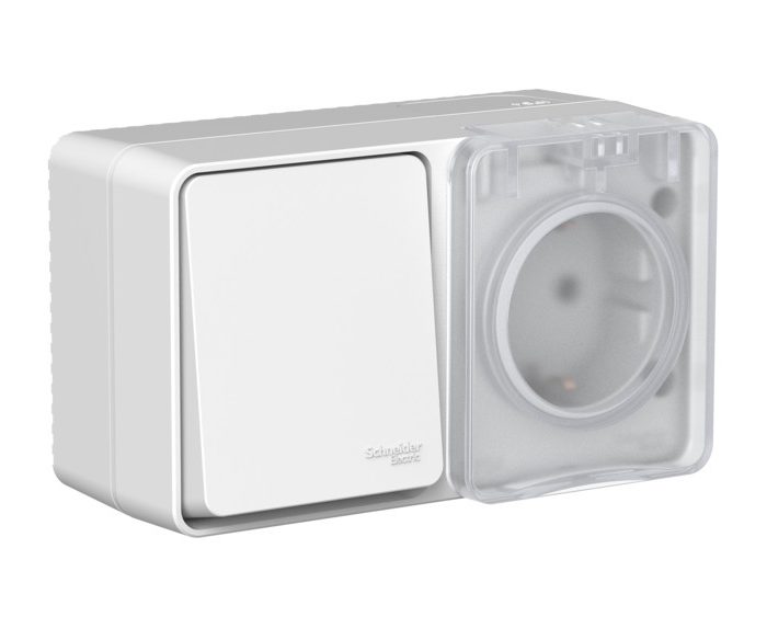 AtlasDesign profi IP54 о/у блок: розетка с заземл. со шт., 16а, выключатель 1-клав., 10ах, серый