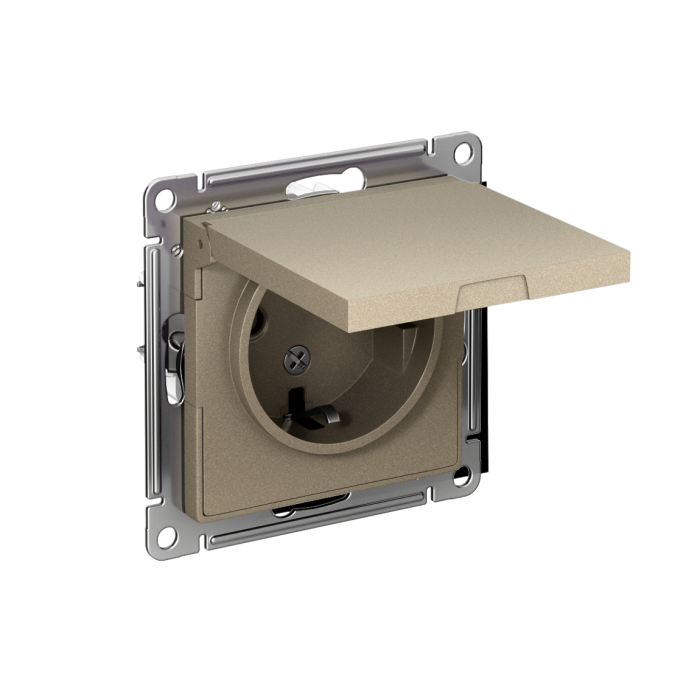AtlasDesign розетка с заземлением со шторками с крышкой, 16А, IP20, механизм, шампань
