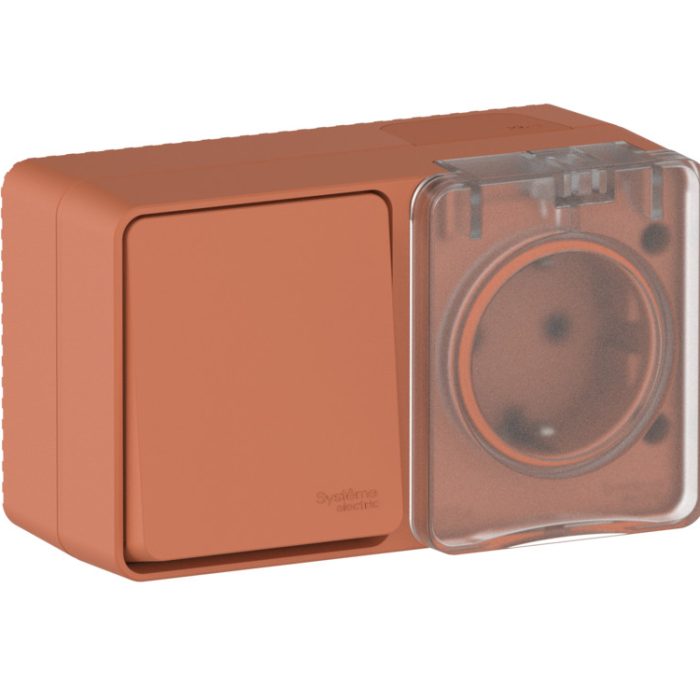 AtlasDesign profi IP54 о/у блок: розетка с заземл. со шт., 16а, выключатель 1-клав., 10ах, терракотовый