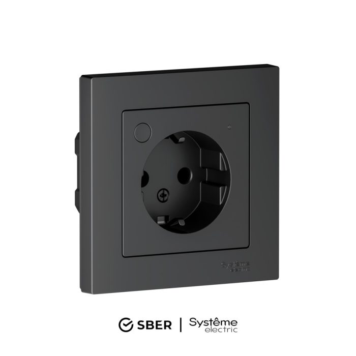 AtlasDesign SMART розетка с заземл., со шт., Zigbee, L+N, 16А, мех., карбон