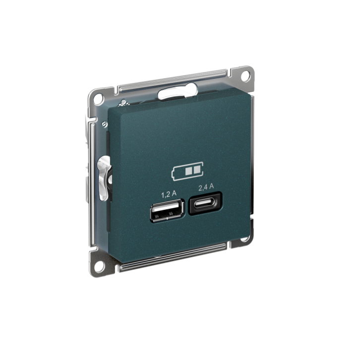 AtlasDesign USB розетка а+с, 5в/2,4а, 2х5в/1,2а, механизм, изумруд